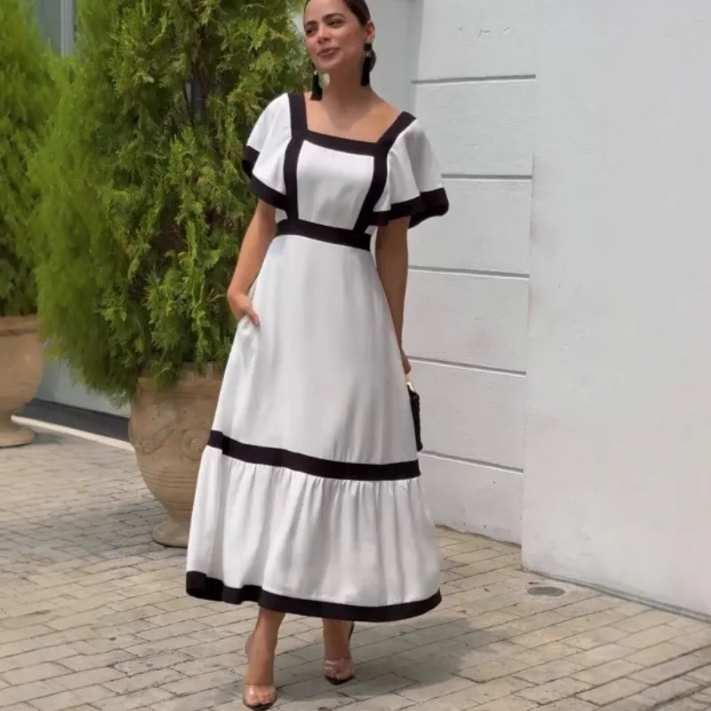 

Personalized fashion square collar black and white splicing slim dress simple and versatile temperament elegant vacation style h