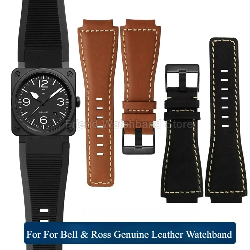 For Bell & Ross Bell Ross BR01 PL14796 PL15472 24mm Black Brown Genuine Leather Watchband with Special Interface Needle Buckle