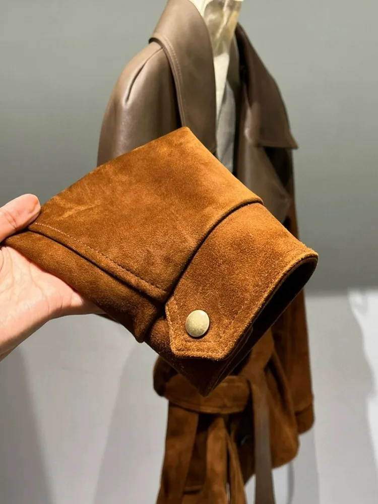 الفاخرة جلد الغنم الطبيعي المدبوغ المرأة سترة الخريف الشتاء محززة طوق معطف الحفلات حزام Vintage معطف جلد طبيعي غير رسمي