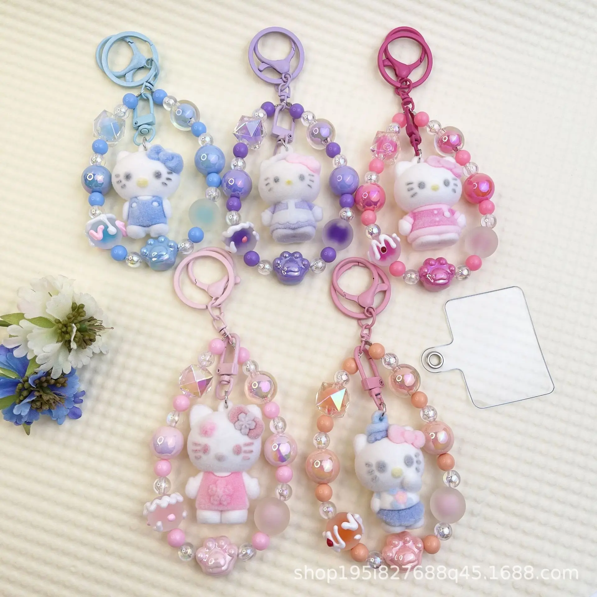 

New KT Cat Fun Cute Heart-Colored Beaded Mobile Phone Chain Keychain Bag Baby Figure Pendant Accessory