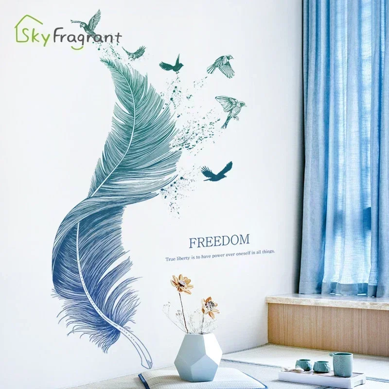 Creative Wall Stickers Blue Feather For Living Rooms Bedroom Background Wall Decoration Home Decor Self-Adhesive Vinyl Sticker