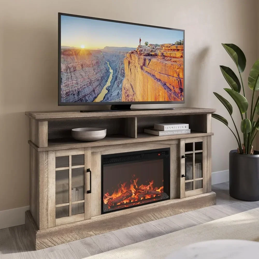 

58" Rustic TV Stand with 23" Electric Fireplace Heater with Sound, Media Entertainment Center Console Table for TV up to 65"