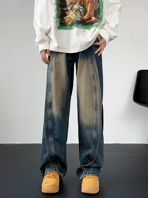 

American Sle Heavyweight Premium Spliced Jeans Men Loose High Street Hiphop Wide Leg Drape Straight Long Pants