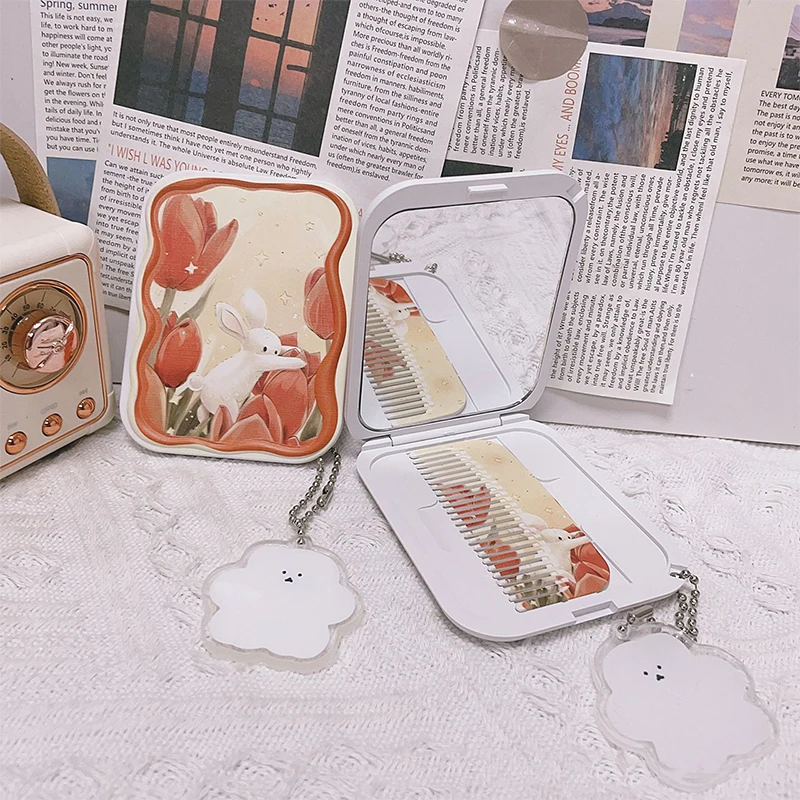 Flower Rabbit Flip-Top Folding Makeup Mirror Portable Pocket Mirror Rectangle Cosmetic Mirror With Comb For Women Girls