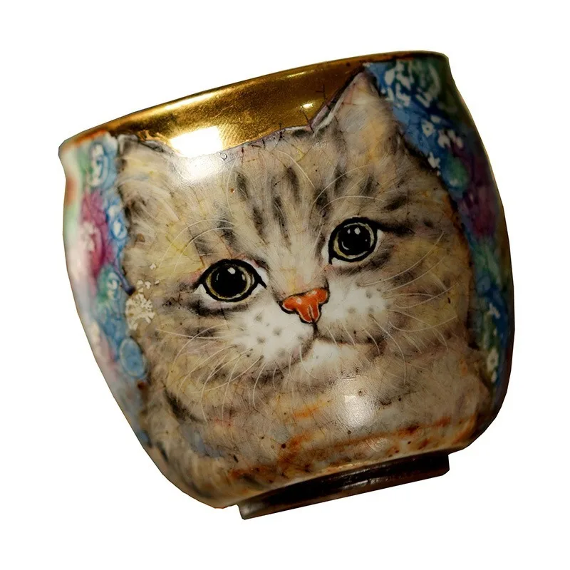 Hand-painted Lucky Cat Teacup, Heni Shino firewood-fired tea set, tasting master cup opening can raise a single cup of tea bowl