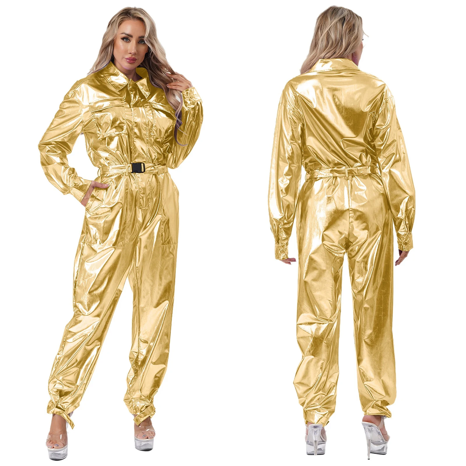 Women Fashionable Shiny Jumpsuits Astronaut Outer Space Cosplay Performance Bodysuit with Waistband Halloween Carnival Costumes