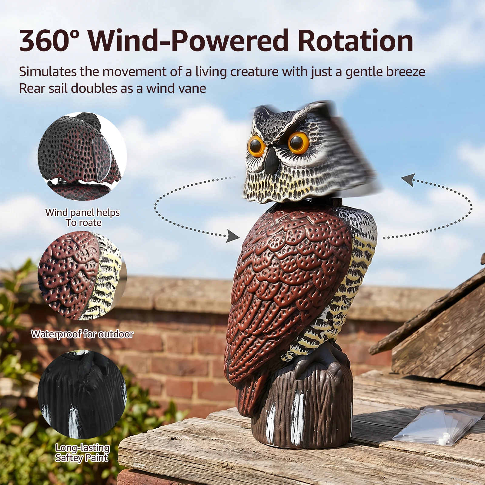 15'' Faux Owl Decoy Weather Resistant Simulation Owl Statue Repellent Pigeon Plastic Owl Statue Bird Deterrent for Yard Rooftop
