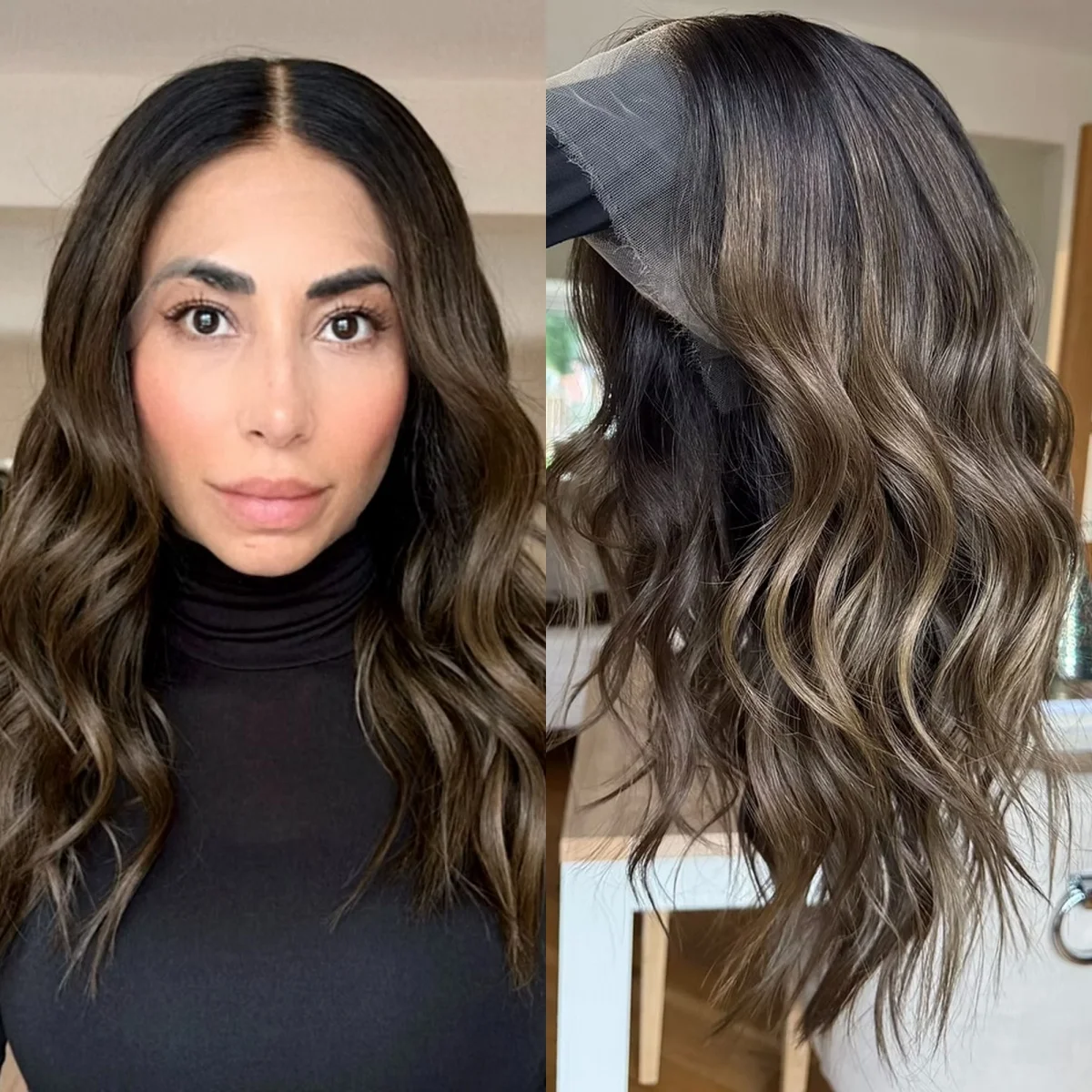 New In 16“ Body Wave Wig Ombre Dark Brown Highlights HD Lace Front Wig with Shadow Roots Natural Preplucked Hairline Ladies Wig