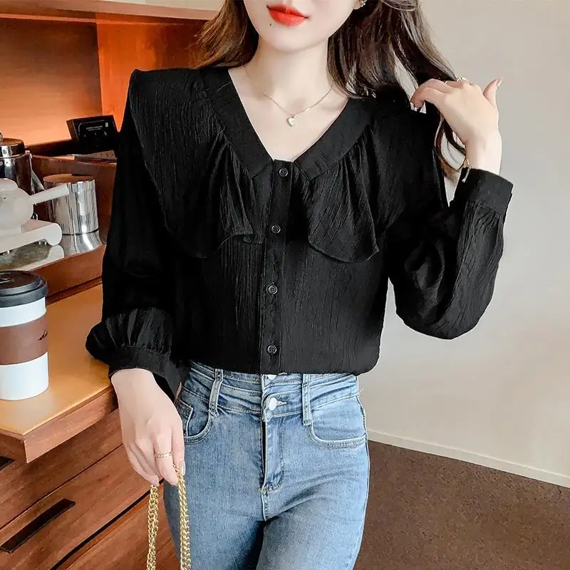 Women\'s Clothing Korean Fashion Ruffle Sweet Shirt Vintage Elegant Long Sleeve Blouse Female Solid Loose Chic Tops Casual Blusas