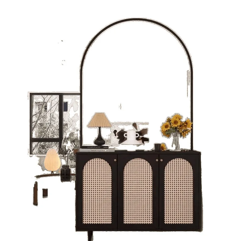 

French retro entrance cabinet, shoe cabinet integrated medium ancient glass wrought iron door, screen rattan partition cabinet