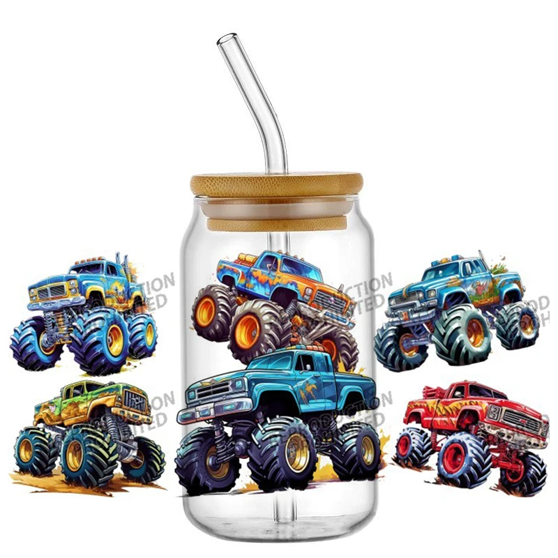 Monster Truck design UV DTF Wraps Transfer Sticker Selfadhesive Waterproof High Quality For 16OZ Libbey Glass Can home decoratio - view 4