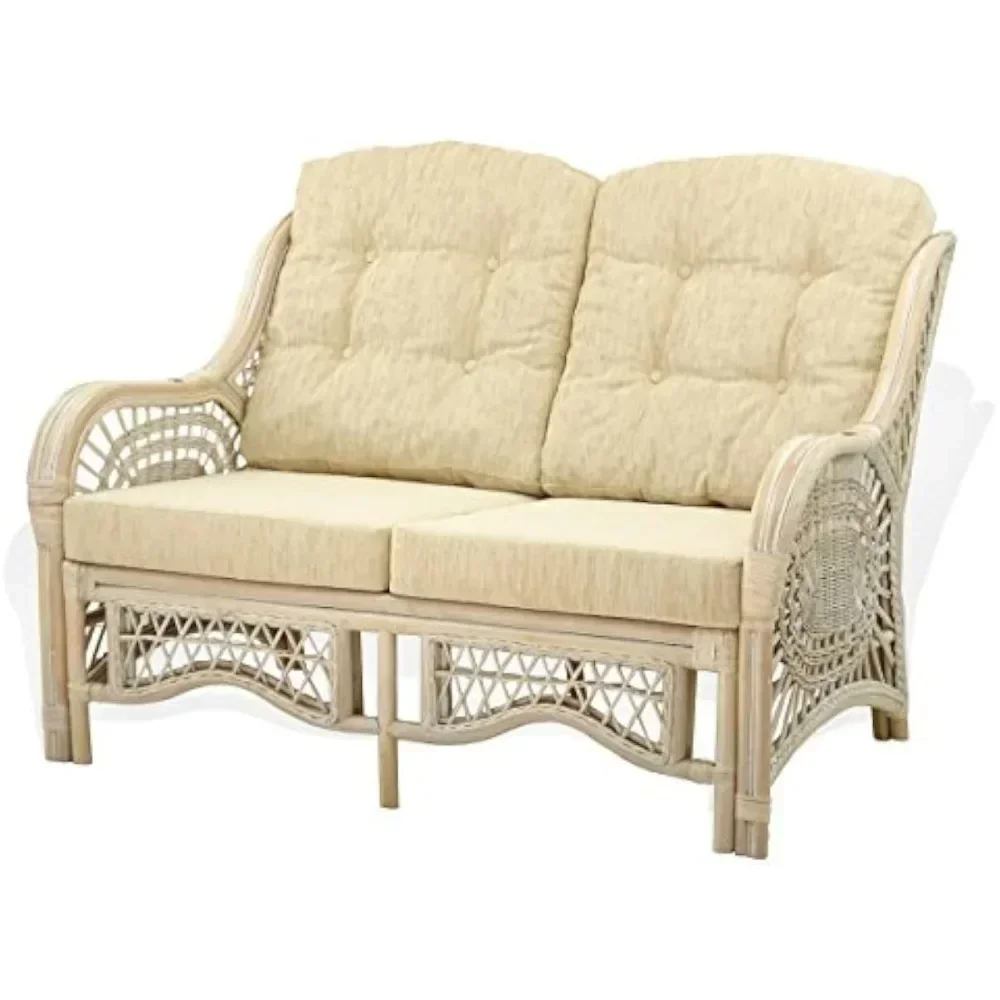 Lounge Set of 4: 2 Natural Rattan Wicker Chairs, Loveseat with Cream Cushions and Coffee Table w/Glass Handmade, White Wash