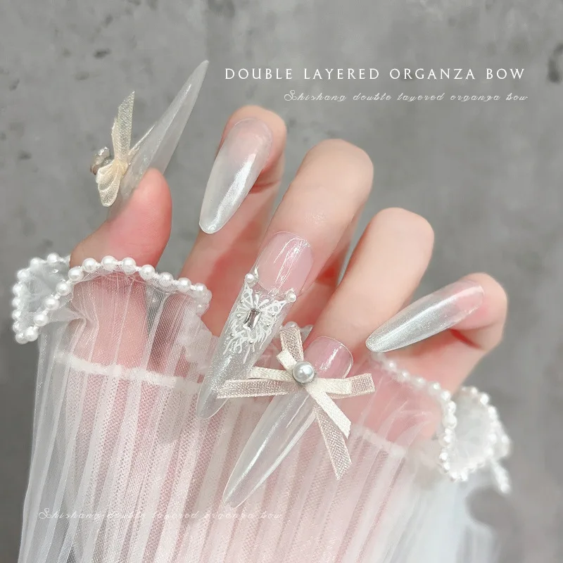 10 Uds. De cinta de encaje de Organza de doble capa, abalorios para uñas con lazo, corazón de amor, accesorios de diamantes de imitación para decoración de uñas, suministros de manicura