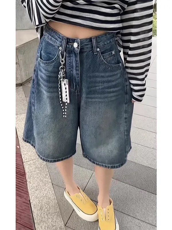 

plus Size Women's Vintage Wide Leg Jeans Mid-Length Summer Versatile Loose Hiding Hip Slimming Straight Five-Quarter Pants