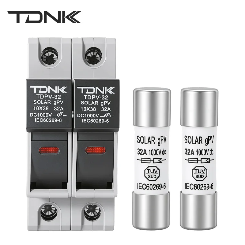 Suporte de Fusível Solar PV TDNK 2P DC1000V 32A com 2 Fusíveis PV 10×38mm e Indicador LED para Montagem em Trilho DIN