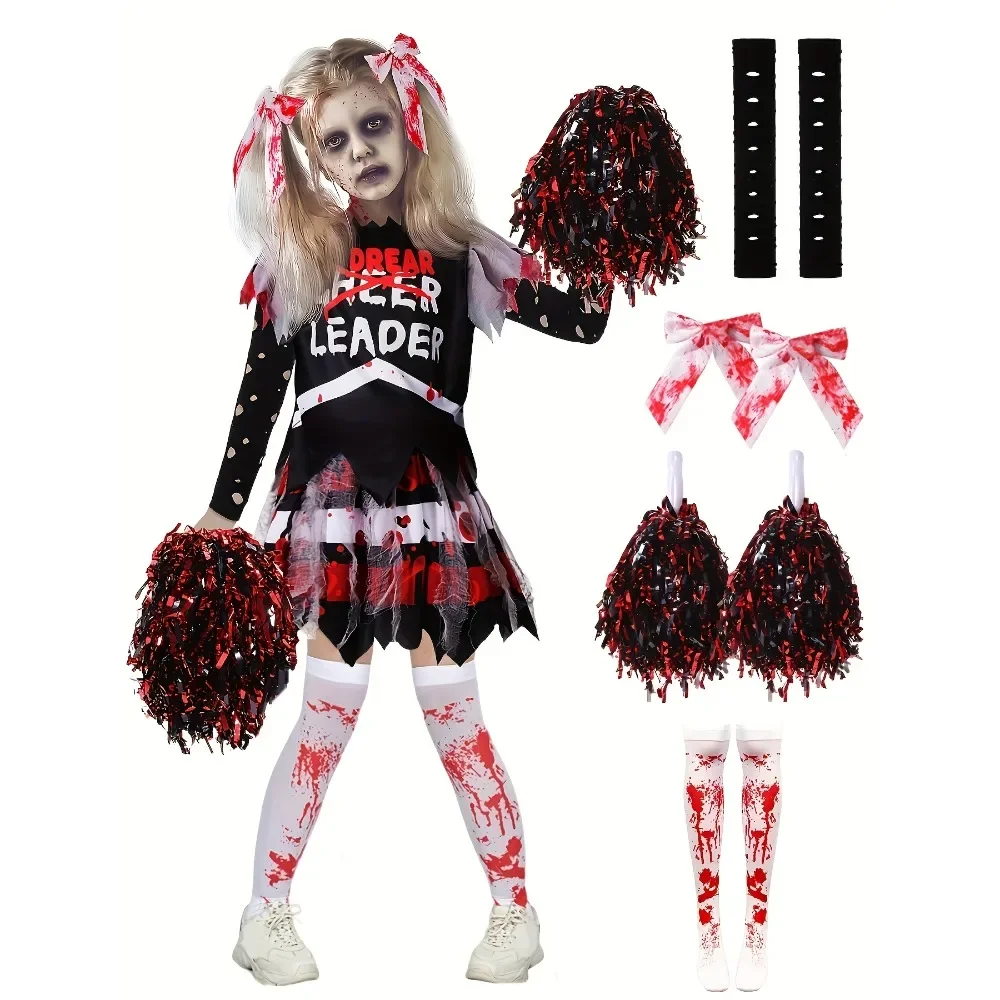 Zombie Cheerleader Costume for Girls Halloween Cheer Outfit Scary Zombie Cheerleading for Kids Parties Cosplay School Events
