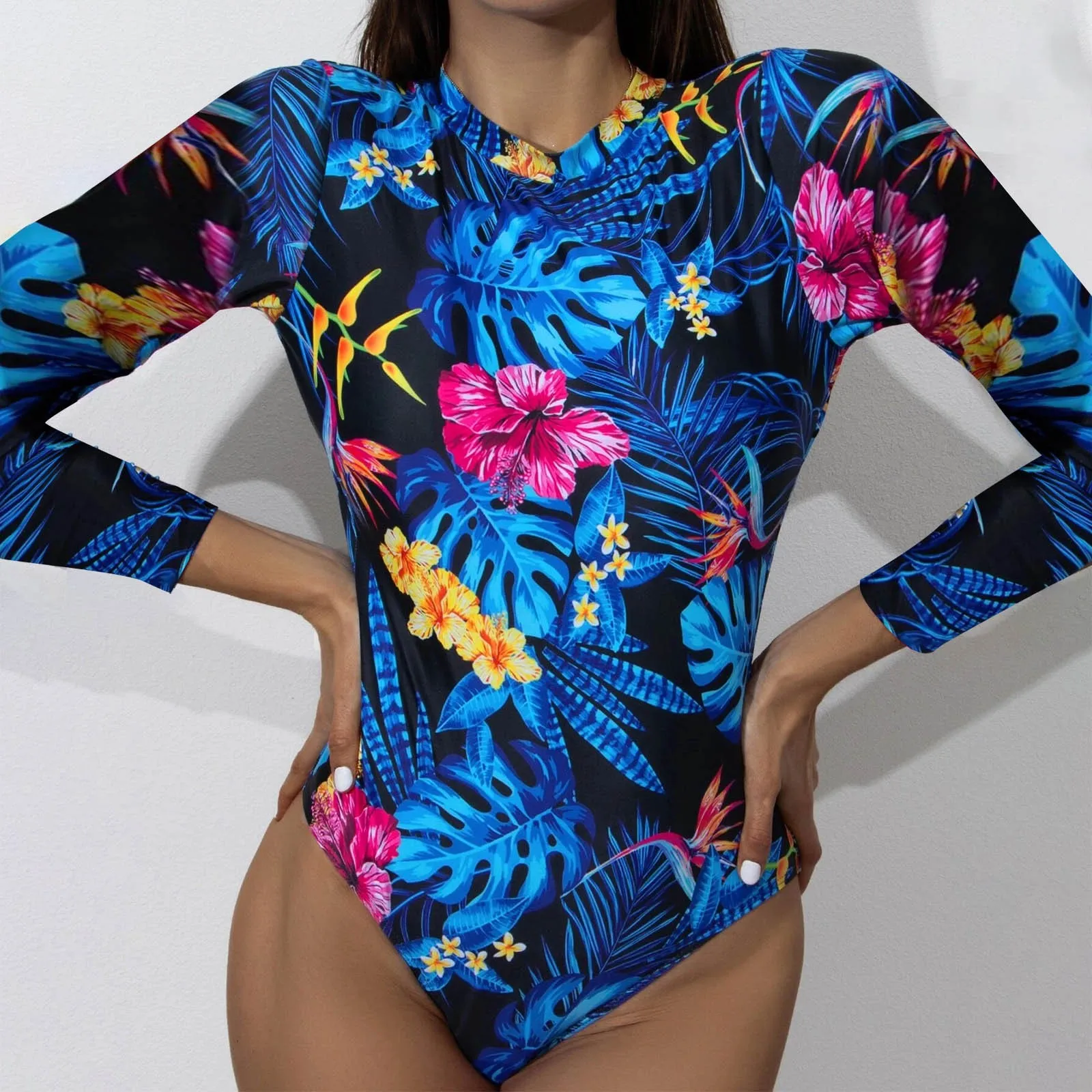 Costume da bagno intero da donna costumi da bagno stampa floreale manica lunga costume da bagno Push Up costume da bagno body da surf Monokini