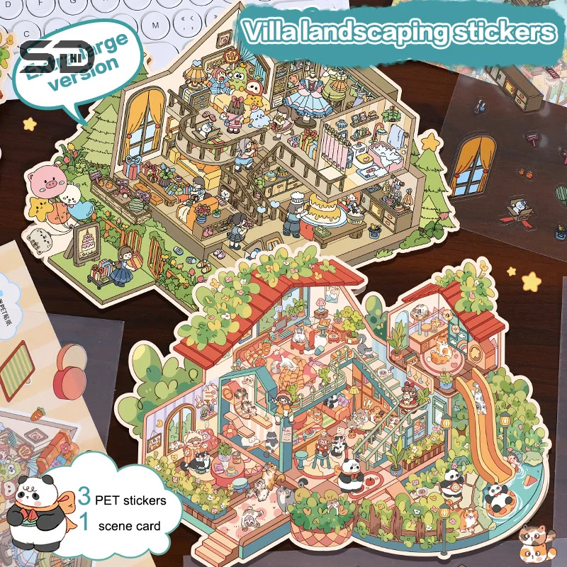 Large Size Cartoon Creative Three-Dimensional Landscaping DIY Handbook Stickers Cute Cabin Scene Stacking Decor Pasting Sticker