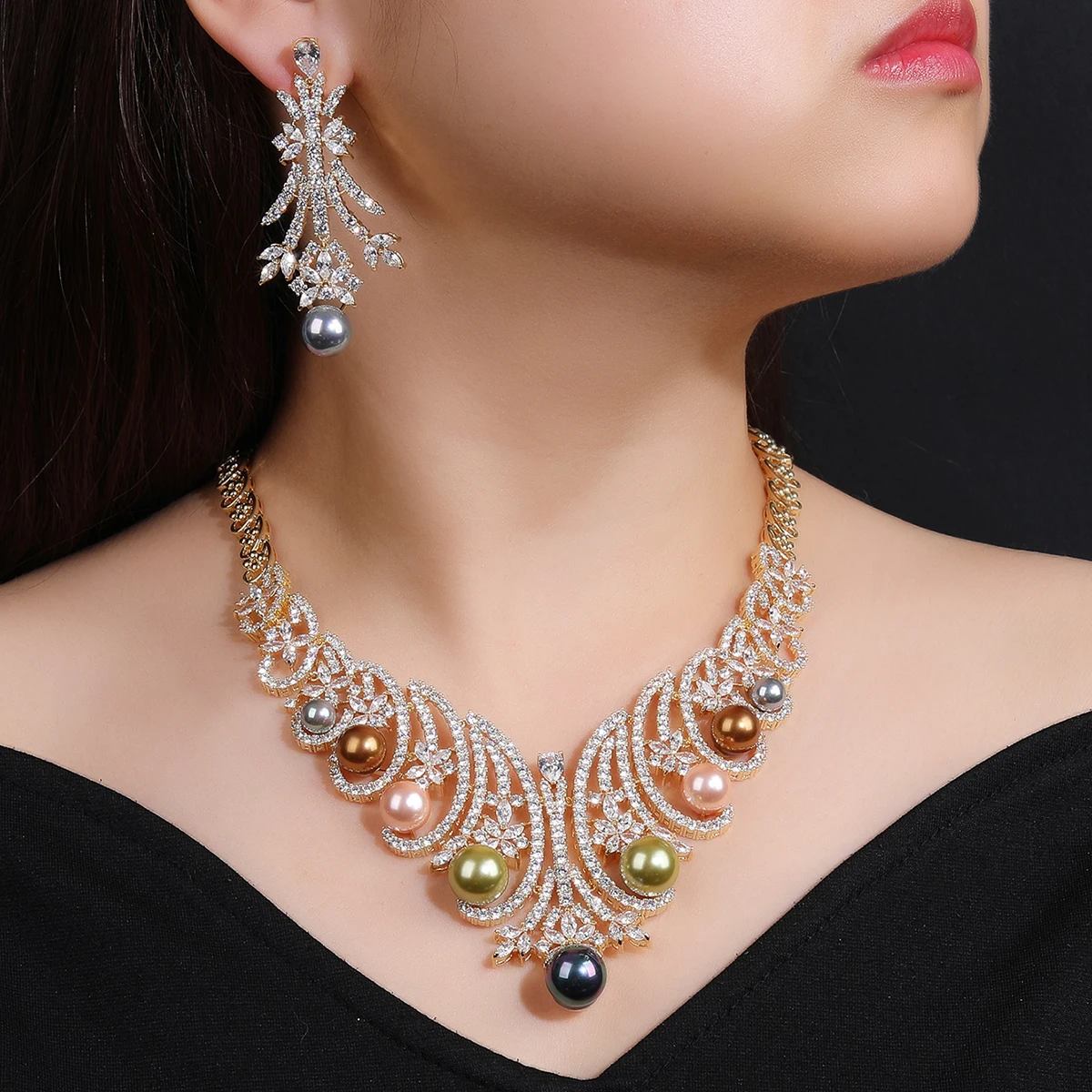 Luxury Cubic Zirconia Statement Necklace for Women Pearl Colors Bridal Wedding Jewelry Sets Elegant Accessory CN11251