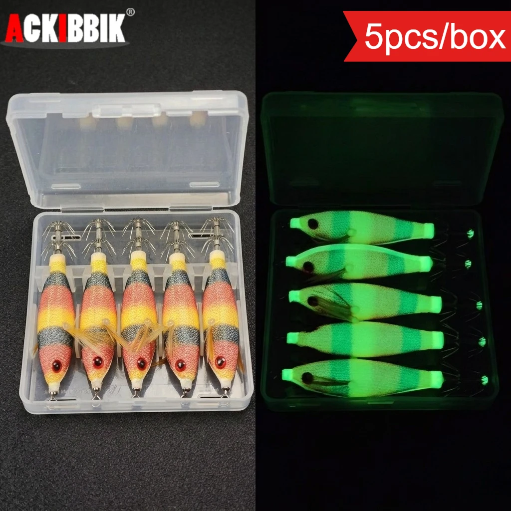 5 pz/scatola Esche Luminose Orizzontali per Calamari, Gamberi di Legno che si Illuminano al Buio, Esche Artificiali per Pesca in Acqua Salata, Seppie, Polpi, Egi, Attrezzatura da Pesca Marina