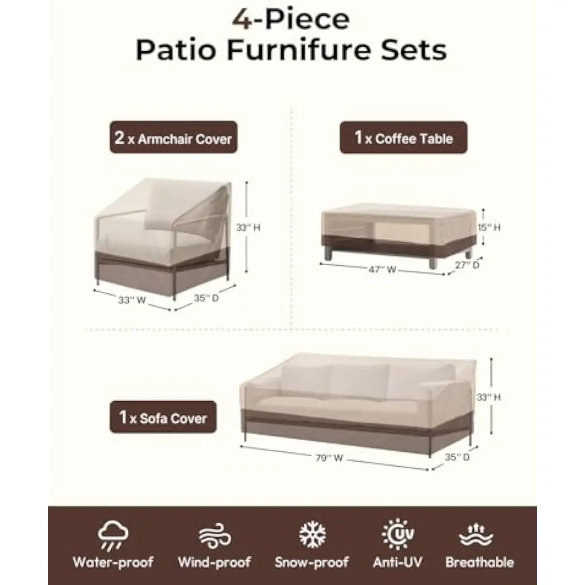 Waterproof 4-Piece Outdoor Patio Furniture Cover Set in Beige Featuring 600D Oxford Fabric Elastic Hem Cord Adjustable Toggle Bu