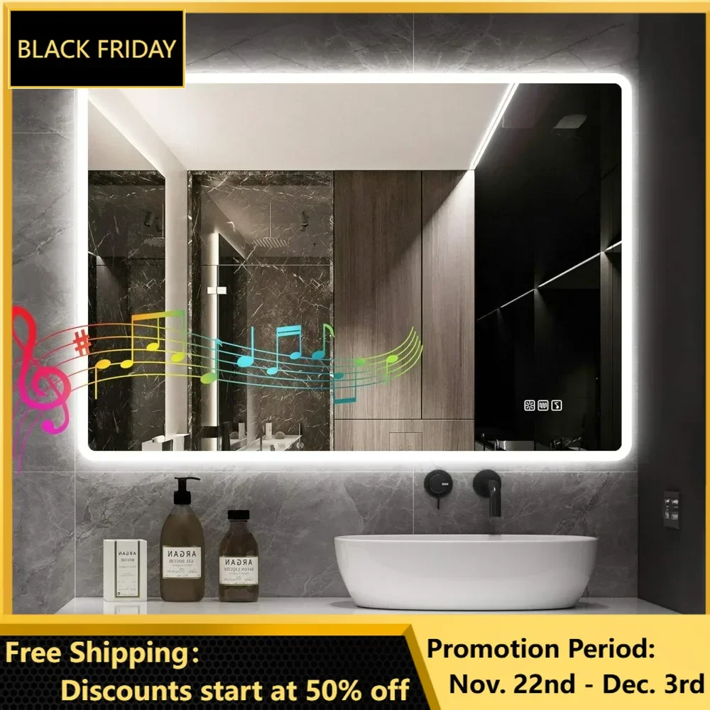 LED-Bathroom-Mirror-with-Lights, Wall-Mounted with Bluetooth Speaker, 3 Color Temperature, Dimmable Brightness, Waterproof