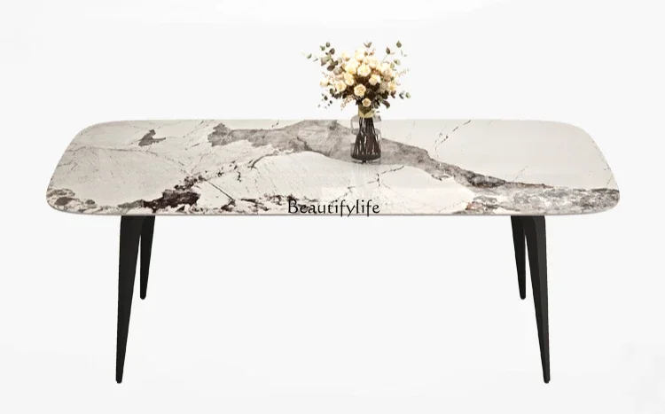 

Imported rock slab dining table Nordic Italian light luxury rectangular marble bright luxury stone