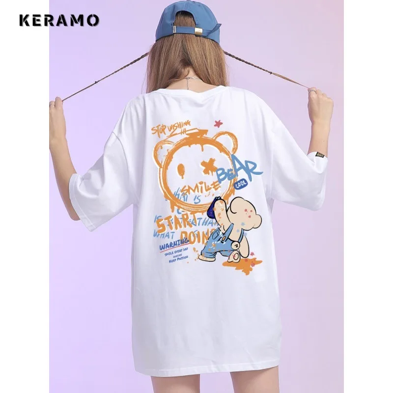 Women's Fashion Oversized Letter Print Y2K White Tees Tops 2024 Summer Casual Short Sleeve Round Neck Baggy Cozy T-Shirts