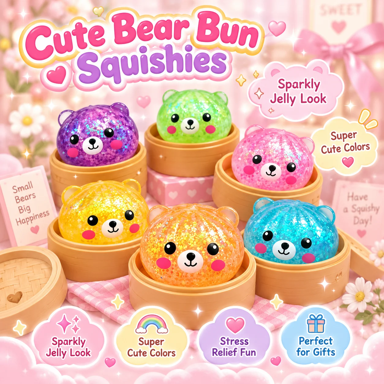 Multicolor Bear Bun Squishy Fast Rebound Soft Squeeze Fidget Sensory Stress Relief Tactile Desk Toy Cartoon Novelty Gift Set