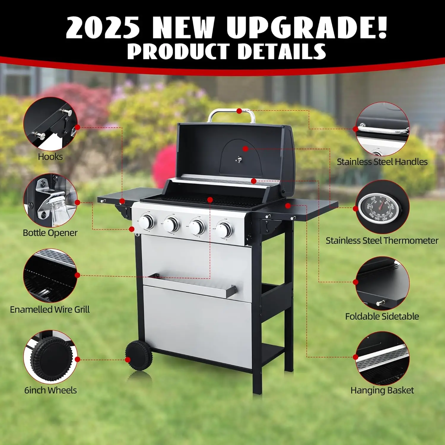 شواية غاز البروبان ذات 4 شعلات مع طاولتين جانبيتين قابلين للطي، شواية شواء خارجية بقدرة 34,200 وحدة حرارية بريطانية مع تثبيت لهب مطلي بالبورسلين، مدمجة