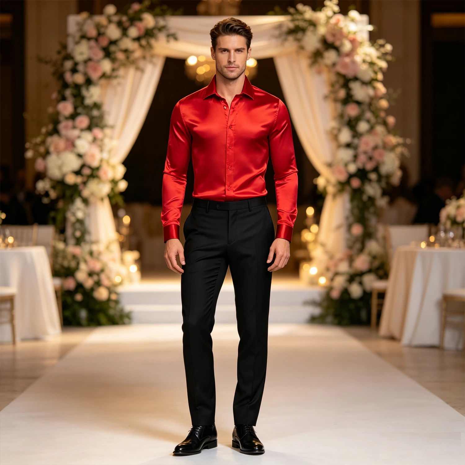 Mens Glossy Satin Formal Shirt Long Sleeve Lapel Collar Solid Smooth Normal Fit Nightclub Prom Wedding Dress Shirts Multi Colors