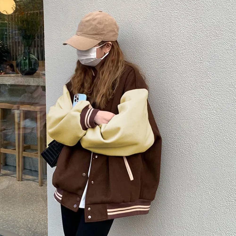 Women Baseball Coat Color Matching Elastic Cuff Hem Stand Collar Unisex Loose Outwear Single-breasted Retro American Style Stree