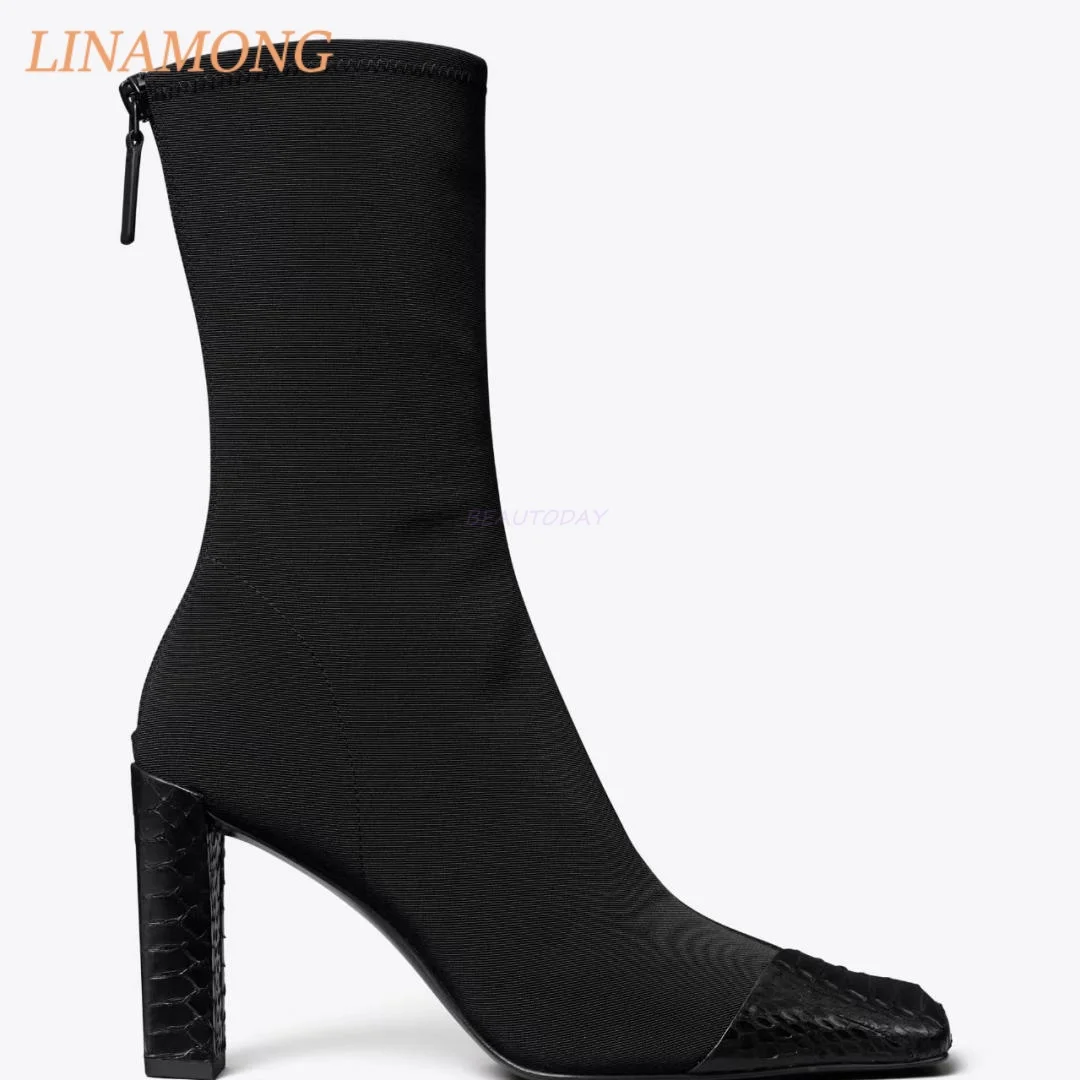 Women Square Toe Sock Ankle Boots Stretch Fabric Upper Scale Embossed Toe Block High Heels Back Zipper  Trendy Modern Footwear