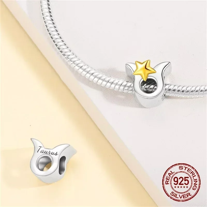 (ص) فضة إسترليني سحر أحرف البروج ، 12 كوكبة ، نجمة ذهبية ، حبات تناسب الأساور الأصلية ، مجوهرات ديي ، هدايا عيد الميلاد