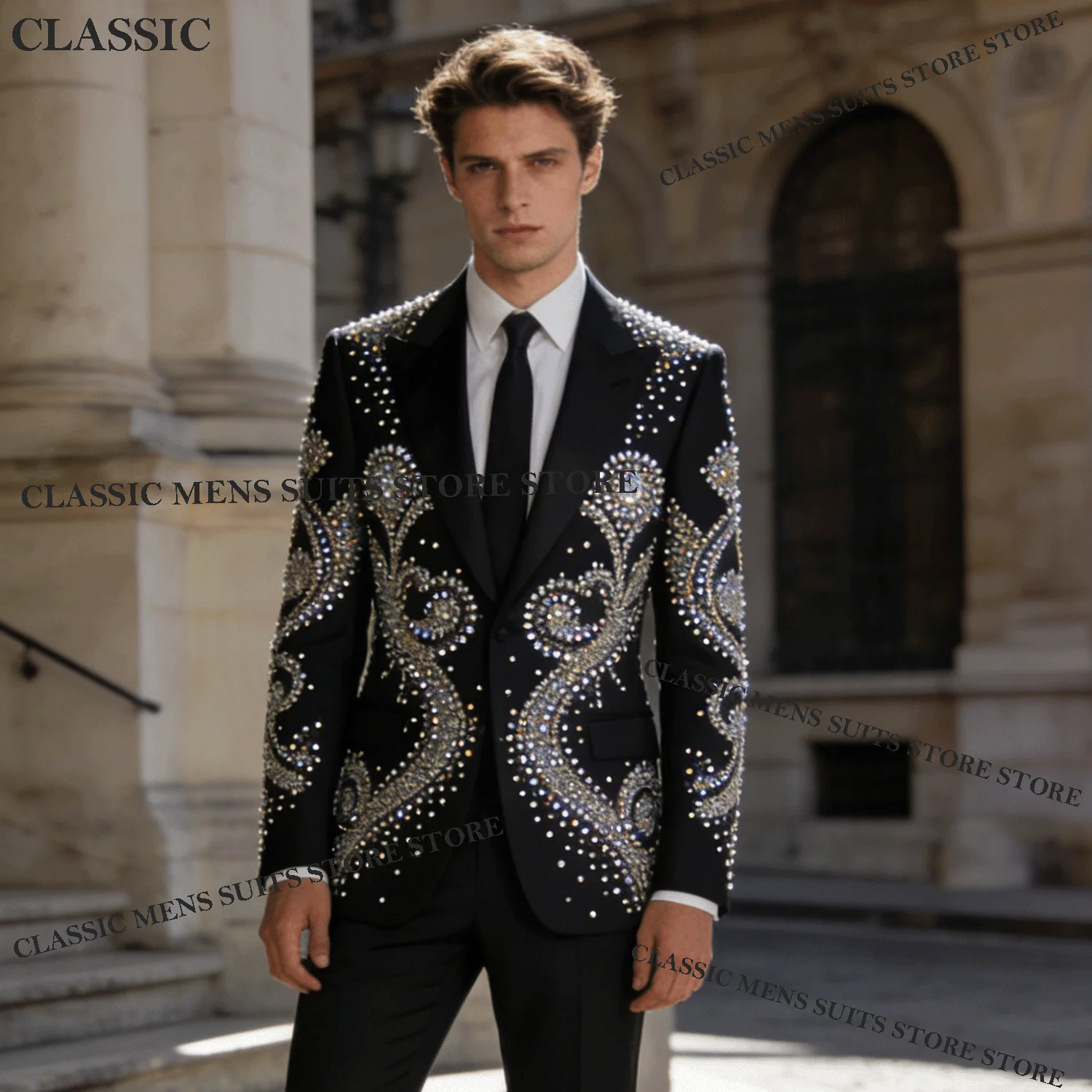 

Exquisite Rhinestones Crystals Customized Men Suits Wedding Tuxedos Slim Fit Formal Ropa hombre 2 Pieces Sets Groom Male Blazers