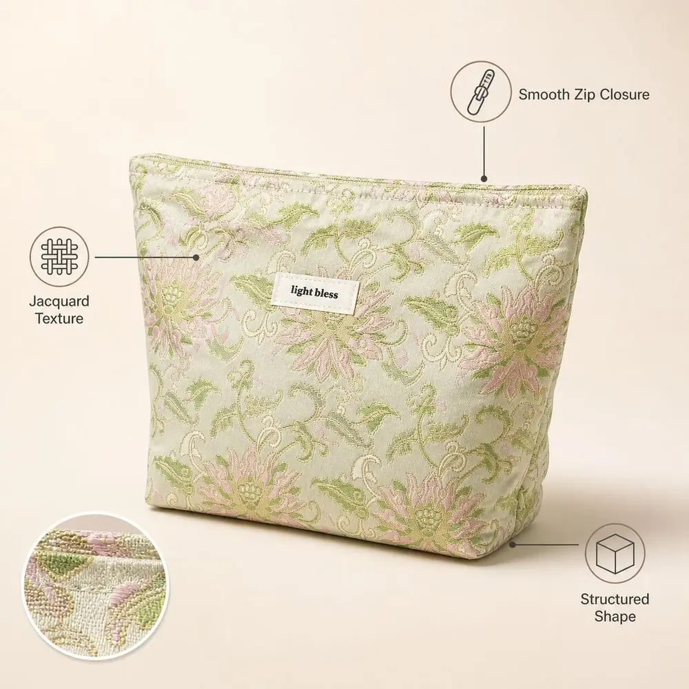 Canvas Cosmetic Bag Jacquard Texture Chinese Inspired Style Makeup Pouch Lotus Pattern Compact Shape Clutch Bag
