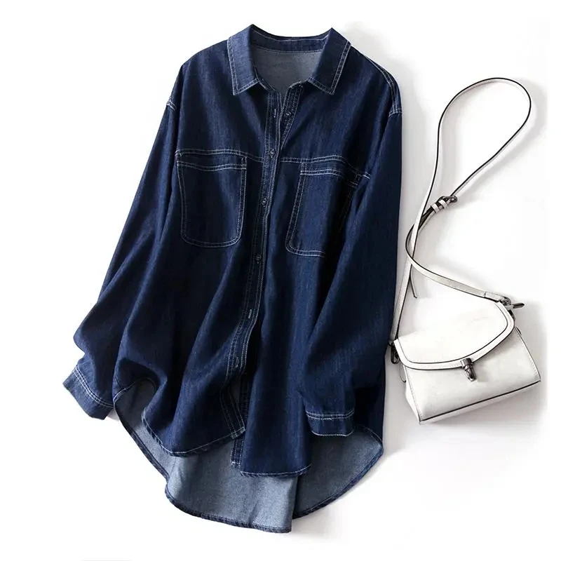 Blue Denim Cotton High Street Polo-Neck Long Sleeve Single Breasted Women\'s Blouse Shirt Korean Fashion Female Clothing 2024