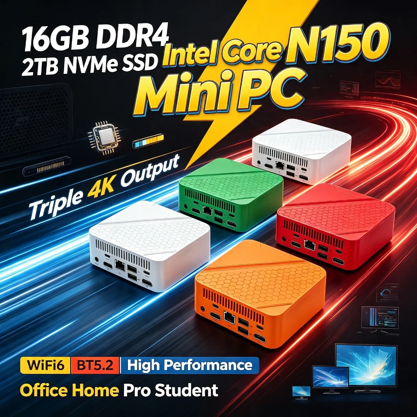 core-n150搭載インテルミニデスクトップ、16gb-ddr4、2tb-nvme-ssd、トリプル4k出力、wifi6、bt52、高性能、オフィス、ホーム、プロ、学生向け