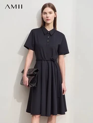 Amii Minimalism 2024 Summer New Dresses For Women POLO Collar Half Placket Short Sleeve With Belt Slim A-line Dress 12442093