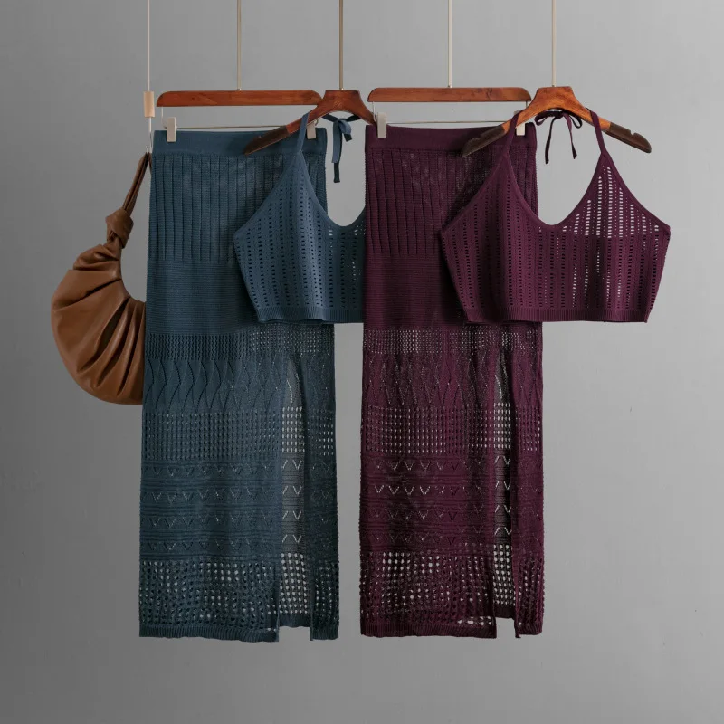 

Skirt 2 Piece Sets Women Camisole Top Long Skirts Suit Hollow Out Lace Up Sexy Ensemble Backless Summer 2025 Knitting Outfits