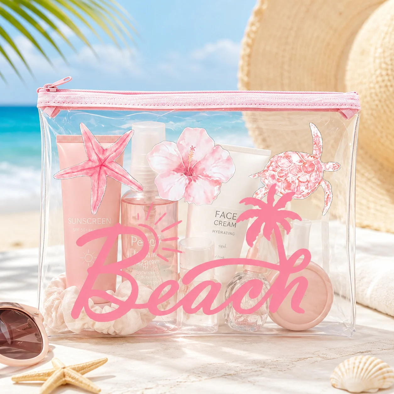 Clear PVC Beach Pouch, Pink Tropical Print Waterproof Zipper Makeup Bag for Women Travel Swim Toiletry Storage