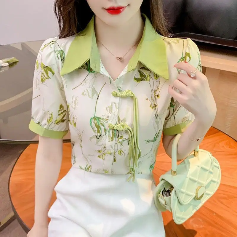 Women Summer Chinese Style Printing Fashion Printing Turn-down Collar Short Sleeve Chiffon Shirts Ladies Casual All-match Tops