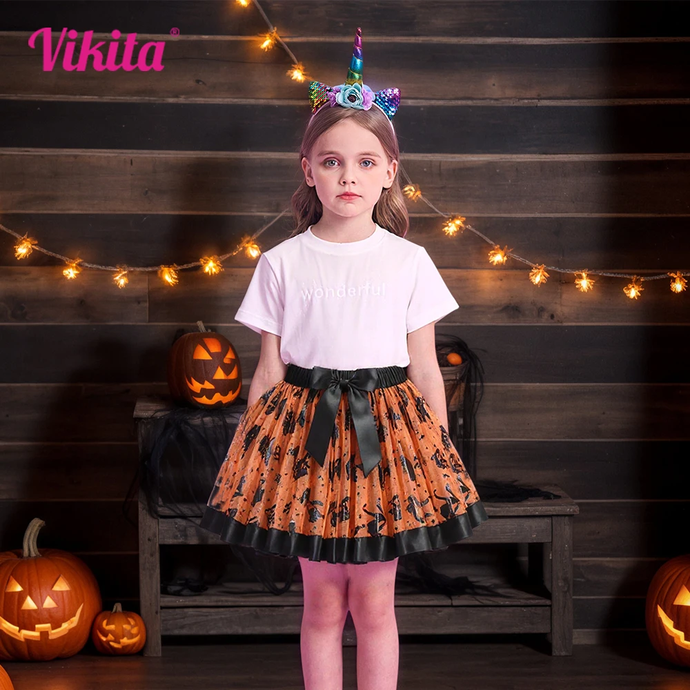 

VIKITA 2025 New Children's Halloween Clothes Girls Tulle Mesh Skirt with Bow Knot Kids Mini Skirts for Festival Party Costumes