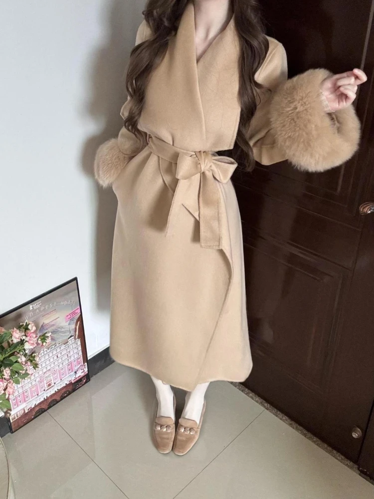 

Winter Warm Korean Fashion Solid Women's Windbreaker French Elegant Office Lady Slimming Bow Design Long Sleeve Trench Coat 2025