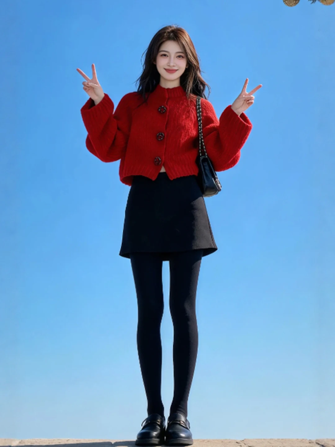 

Faionable Red Top And Skirt Set Ele Two-Piece Ensemble Comfortable High Waist ort Skirt round Ne Long Sve Women'...