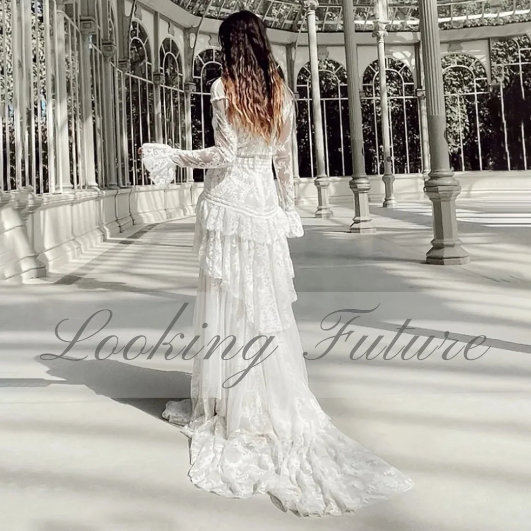 Morden pizzo soffio manica lunga bottoni o collo abiti lunghi da sposa Boho pieghe a strati ricamo abiti da sposa manica intera personalizzata