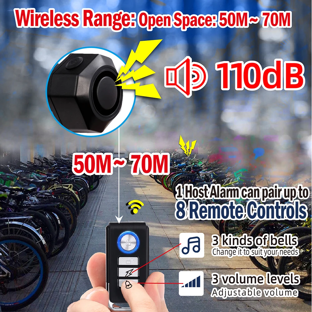 Vibration trigger  bicycle alarm bicycle anti-theft device 110dB wireless remote control IP65 waterproof scooter street