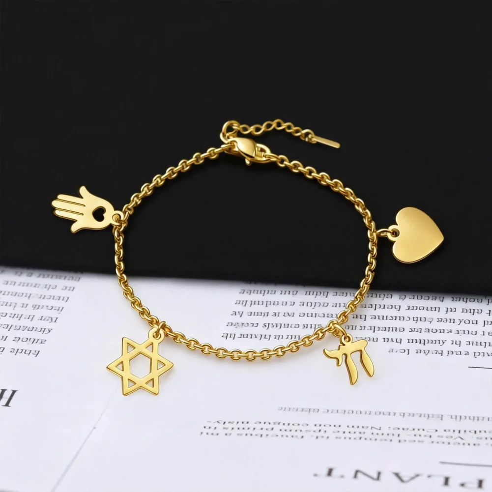 Stainless Steel Star of David Heart Chai Hebrew Letter Pendant Bracelet Jewish Prayer Bracelet Jewish Christian Faith Jewelry - Detail 1