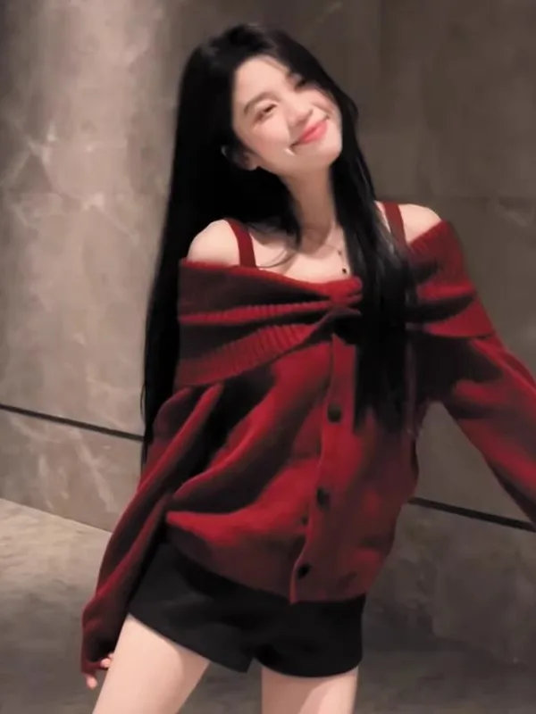 Czerwony sweter z odkrytymi ramionami, dzianinowy, damski, na wczesną jesień, luźny, relaksujący, seksowny top z odkrytymi ramionami, miękki...