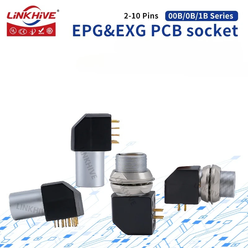 EPG EXG Elbow 90° PCB Socket Printed Circuit 00B 0B 1B 2 3 4 5 6 7 8 9 10 Pin Push-Pull Self-Latching Connector Compatible LEMO
